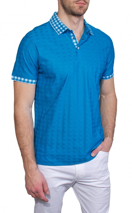 Light blue polo shirt with a square pattern