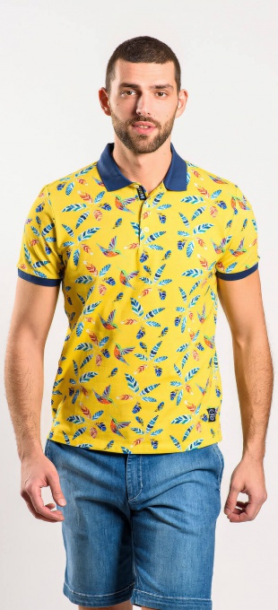 Yellow polo shirt with a bold pattern