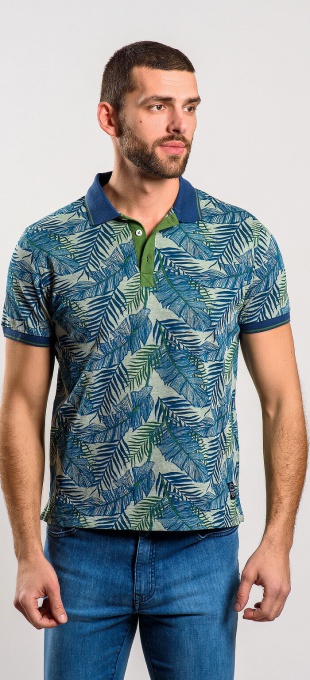 Green polo shirt with a bold pattern