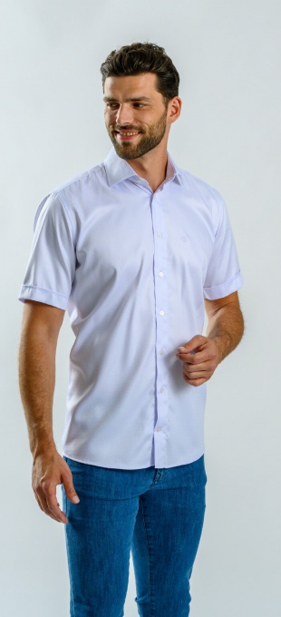 White Slim Fit Short Sleeve Shirt with subtle purple sheen