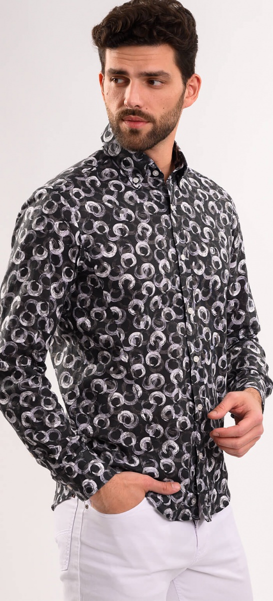 Grey and black linen patterned Extra Slim Fit shirt