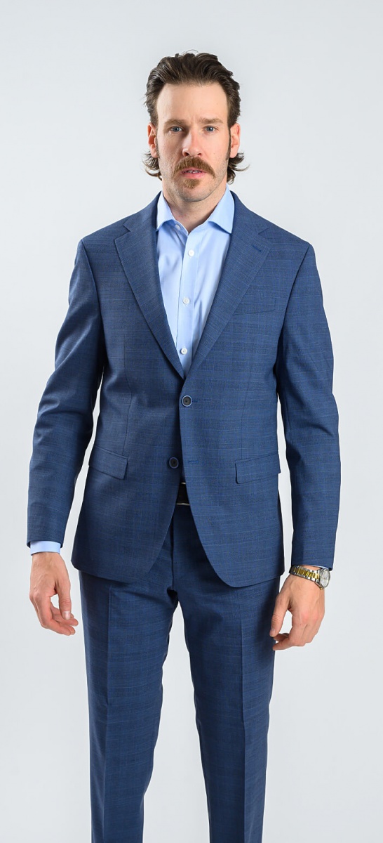 Blue Wool Checkered Slim Fit Suit