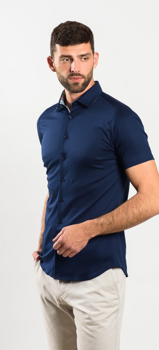 Tmavomodrá Extra Slim Fit strečová košeľa s krátkym rukávom