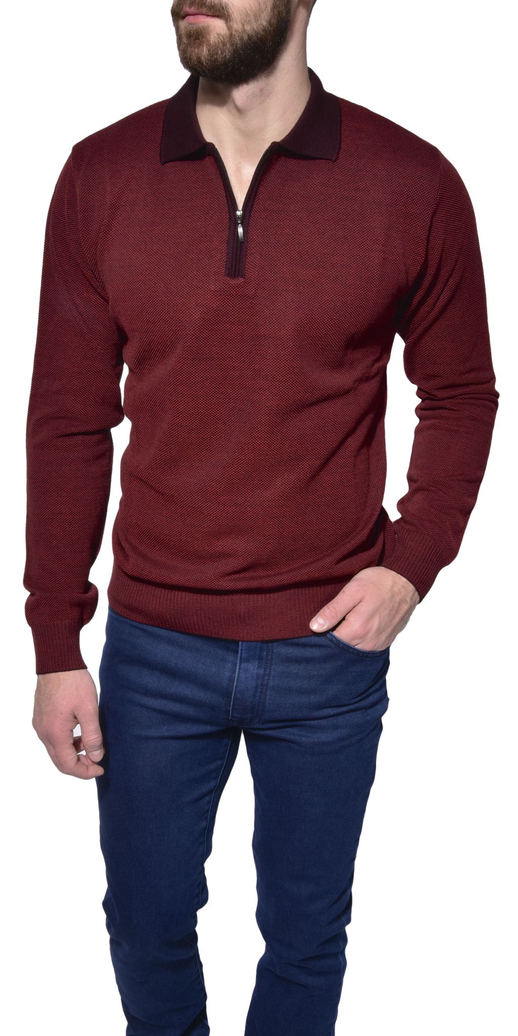 Burgundy long sleeve polo - Knitwear - E-shop | alaindelon.co.uk